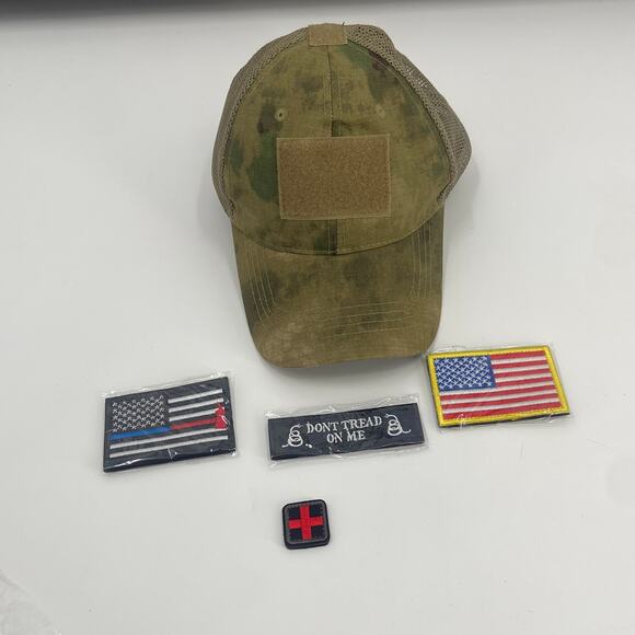 Mens Camo Baseball Cap with Velcro Patches - Adjustable Fit - Picture 1 of 6